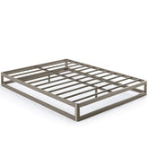 A modern metal bed frame with a robust structure and metal slats, designed for strength and stability.